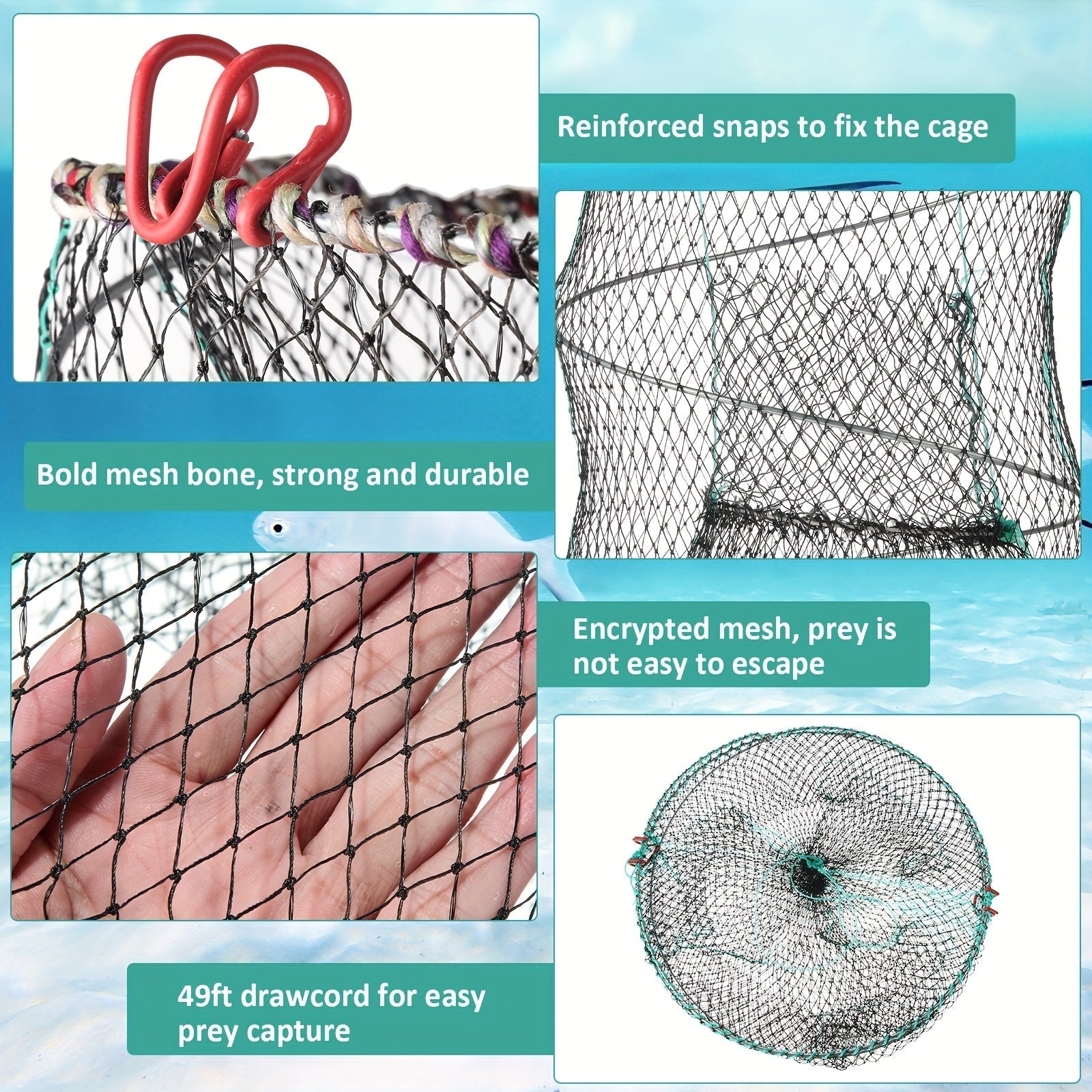 Collapsible Fishing Trap Net 4 Pack - Crab Crawfish Minnow Lobster Shrimp Bait Cage with 49ft Rope, 12x24 Inch Foldable Fish Trap, Durable PA Nylon, Portable Freshwater Saltwater Fishing Gear