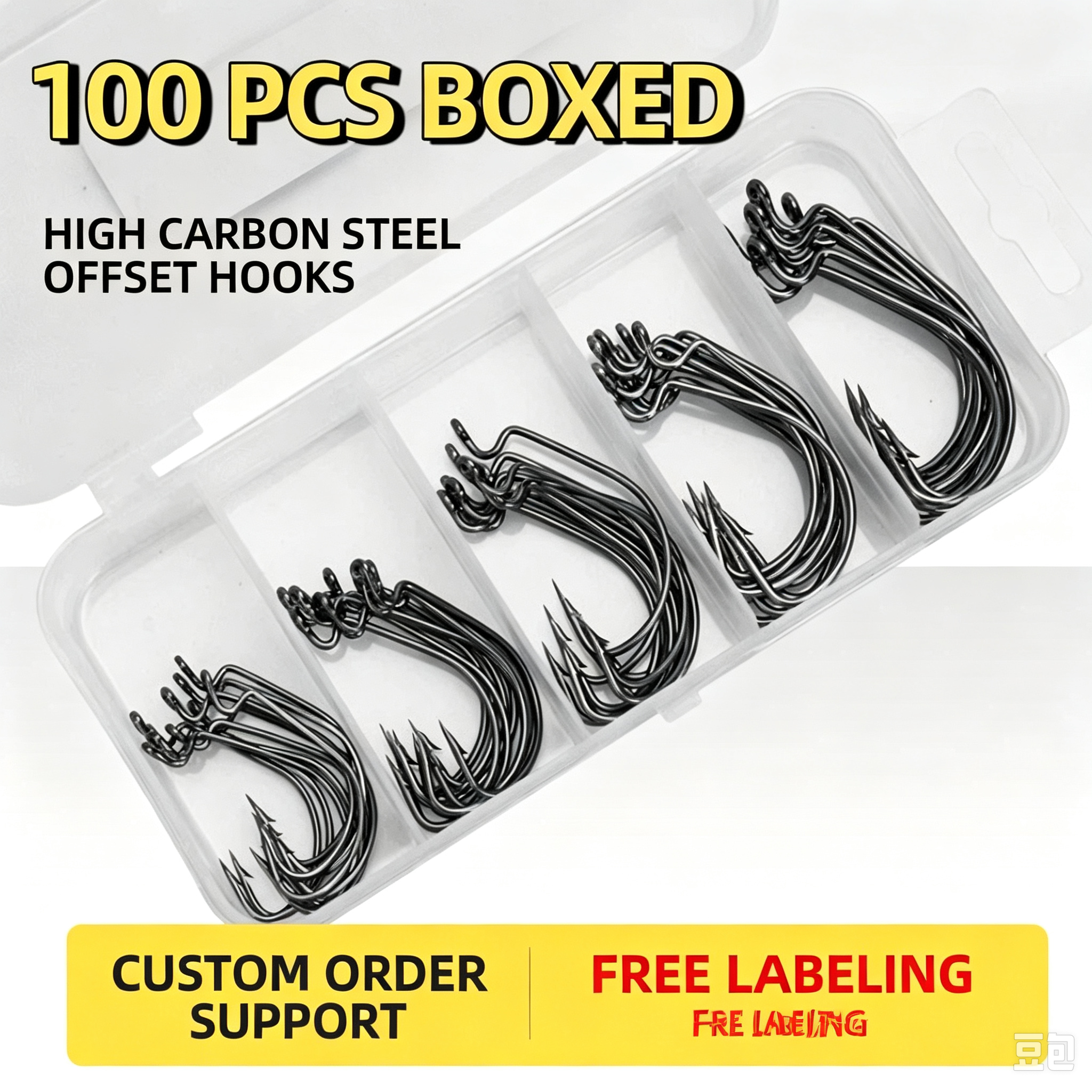 51‑Pcs Offset Worm Hooks Kit, Thin‑Wire Wide‑Gap Bass Hooks for Texas Rig Soft Plastic Worm Lures