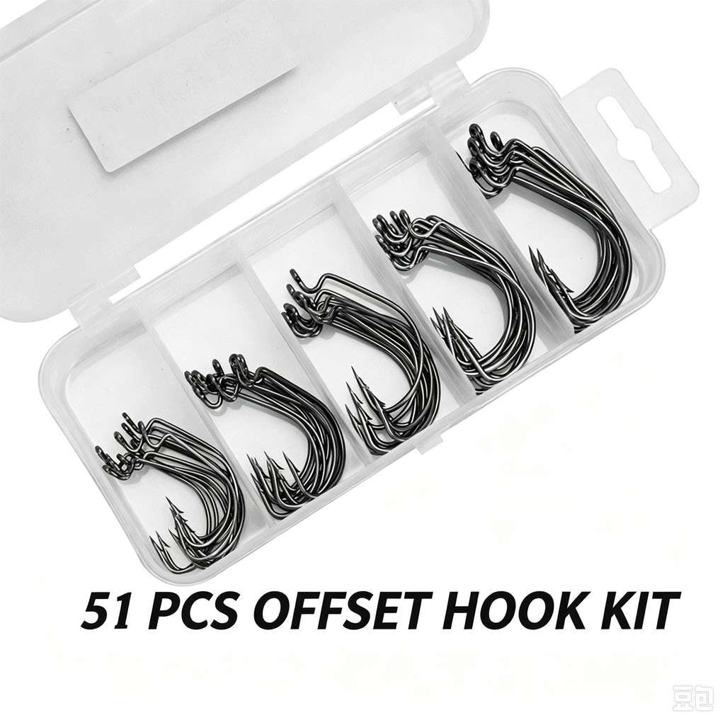 51‑Pcs Offset Worm Hooks Kit, Thin‑Wire Wide‑Gap Bass Hooks for Texas Rig Soft Plastic Worm Lures