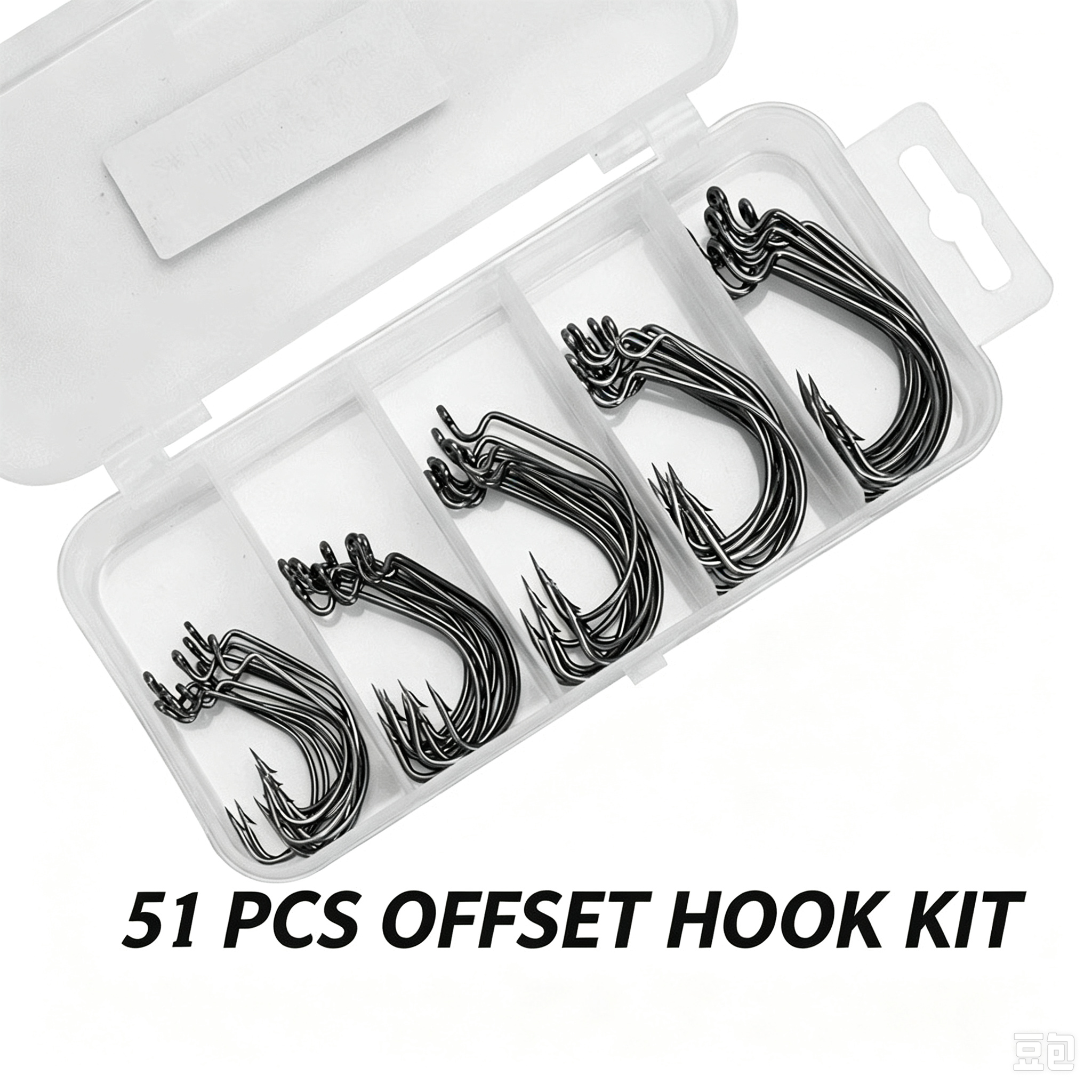 51‑Pcs Offset Worm Hooks Kit, Thin‑Wire Wide‑Gap Bass Hooks for Texas Rig Soft Plastic Worm Lures
