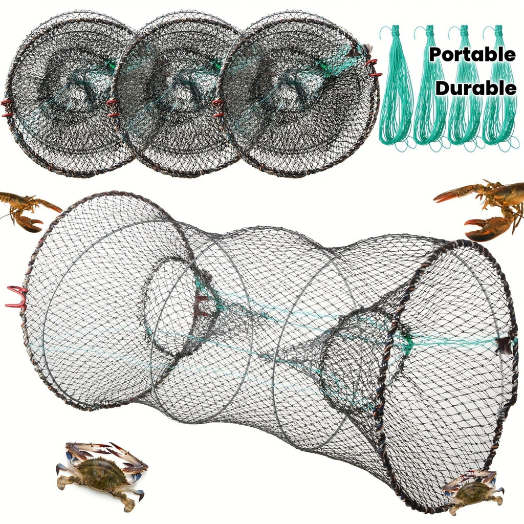 Collapsible Fishing Trap Net 4 Pack - Crab Crawfish Minnow Lobster Shrimp Bait Cage with 49ft Rope, 12x24 Inch Foldable Fish Trap, Durable PA Nylon, Portable Freshwater Saltwater Fishing Gear