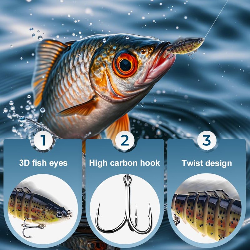 hoehew Robotic Fishing Lure, 3D Swimming Bait for Freshwater & Saltwater, Fishing Gear Attracts Fishing Lures Walleye Trout Bass for Beginners, Amateurs and Professionals (5PCA)