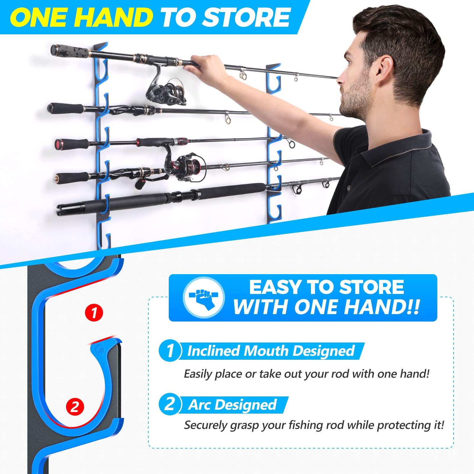 PLUSINNO H5 Horizontal Fishing Rod/Pole Holders for Garage, Wall or Ceiling Mounted Fishing Rod Rack, Aviation Aluminum Fishing Pole Holder Holds up to 20 Rod or Combos Fishing Gear and Gifts for Men