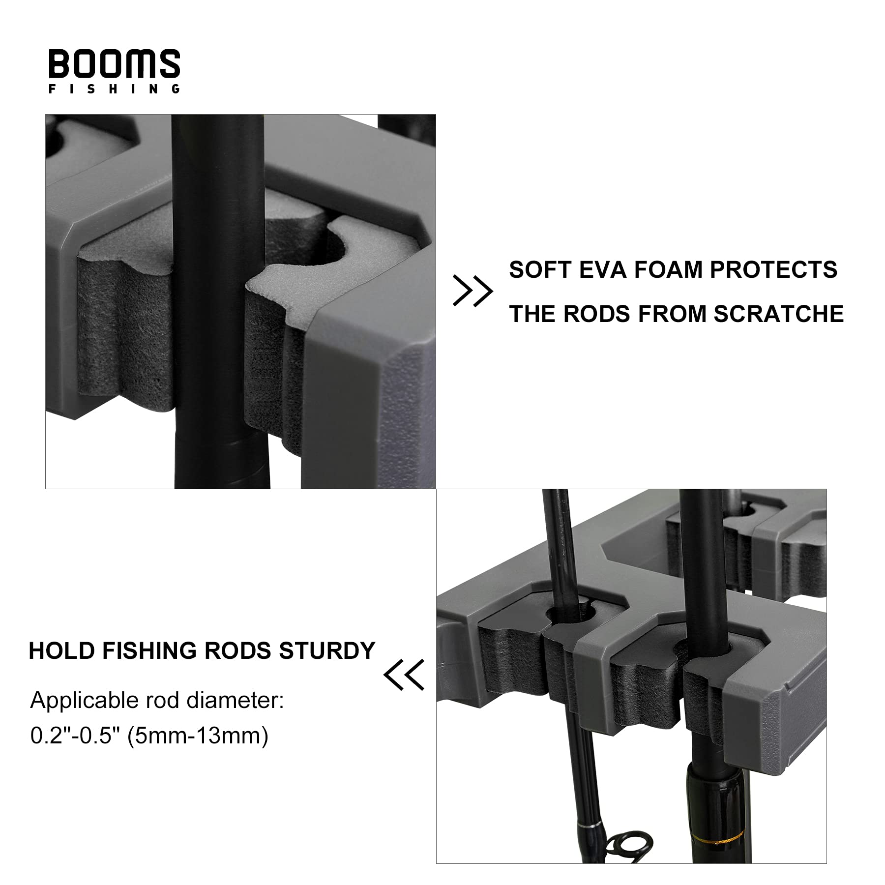 Booms Fishing Rod Holder for Garage: Wall Mount Fishing Pole Holders for Garage | Fishing Rod Rack Holds Up to 10 Rods, Vertical/Horizontal/Ceiling Fishing Pole Racks, WV4 Gray + Black