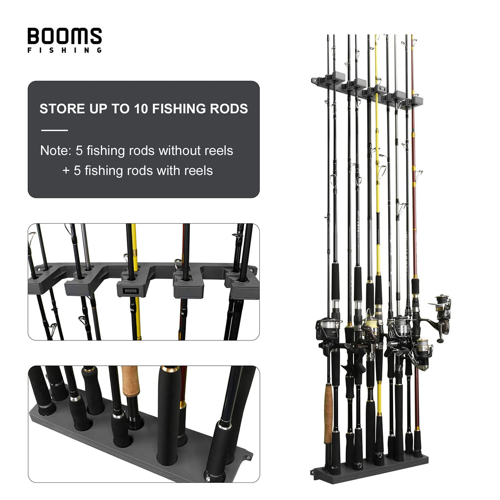 Booms Fishing Rod Holder for Garage: Wall Mount Fishing Pole Holders for Garage | Fishing Rod Rack Holds Up to 10 Rods, Vertical/Horizontal/Ceiling Fishing Pole Racks, WV4 Gray + Black