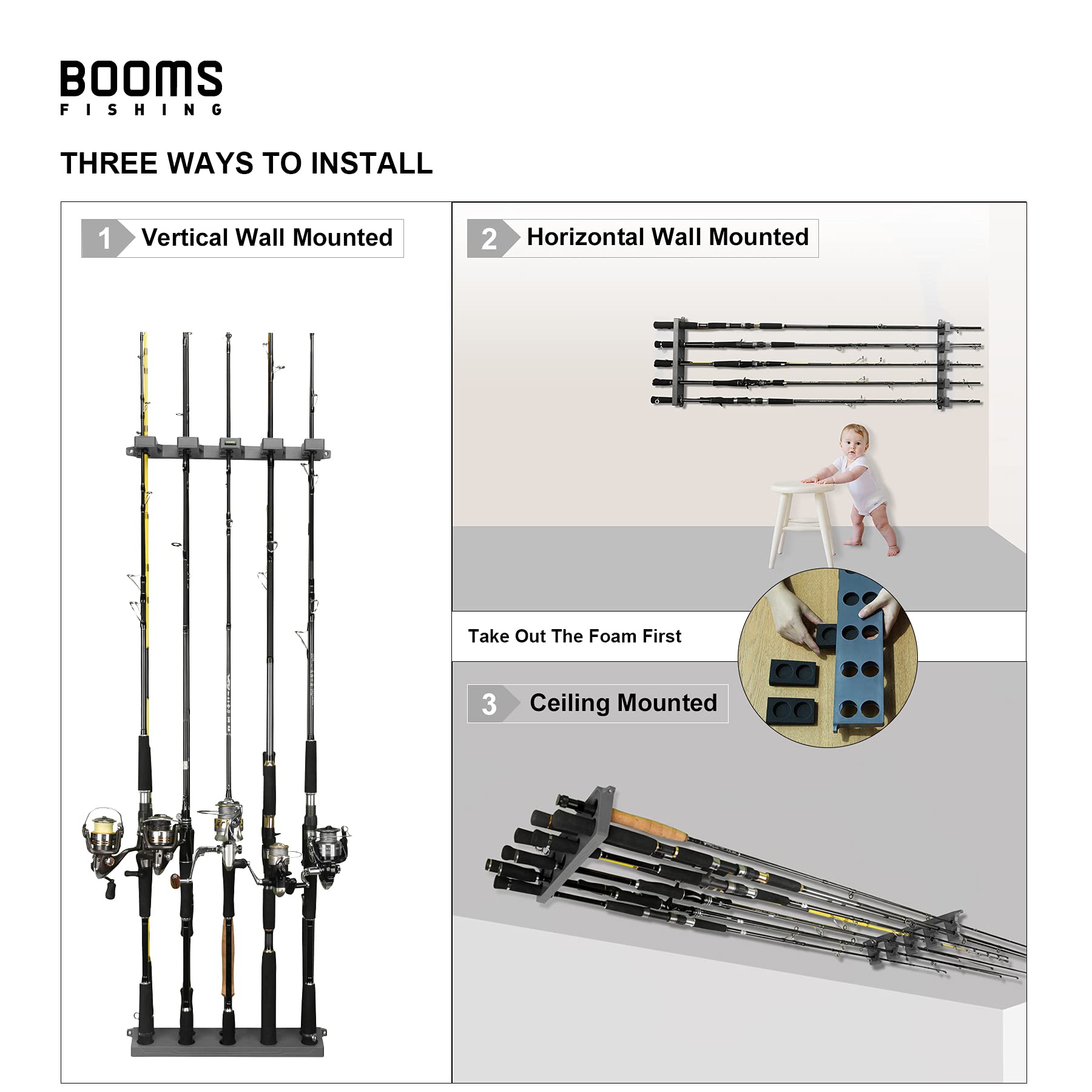 Booms Fishing Rod Holder for Garage: Wall Mount Fishing Pole Holders for Garage | Fishing Rod Rack Holds Up to 10 Rods, Vertical/Horizontal/Ceiling Fishing Pole Racks, WV4 Gray + Black
