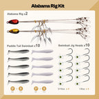 Alabama Rig (A-Rig) Fishing Lures Kit – 2 Rigs, 10 Jig Heads & Swimbaits, Tackle Box for Striper/Bass Fishing