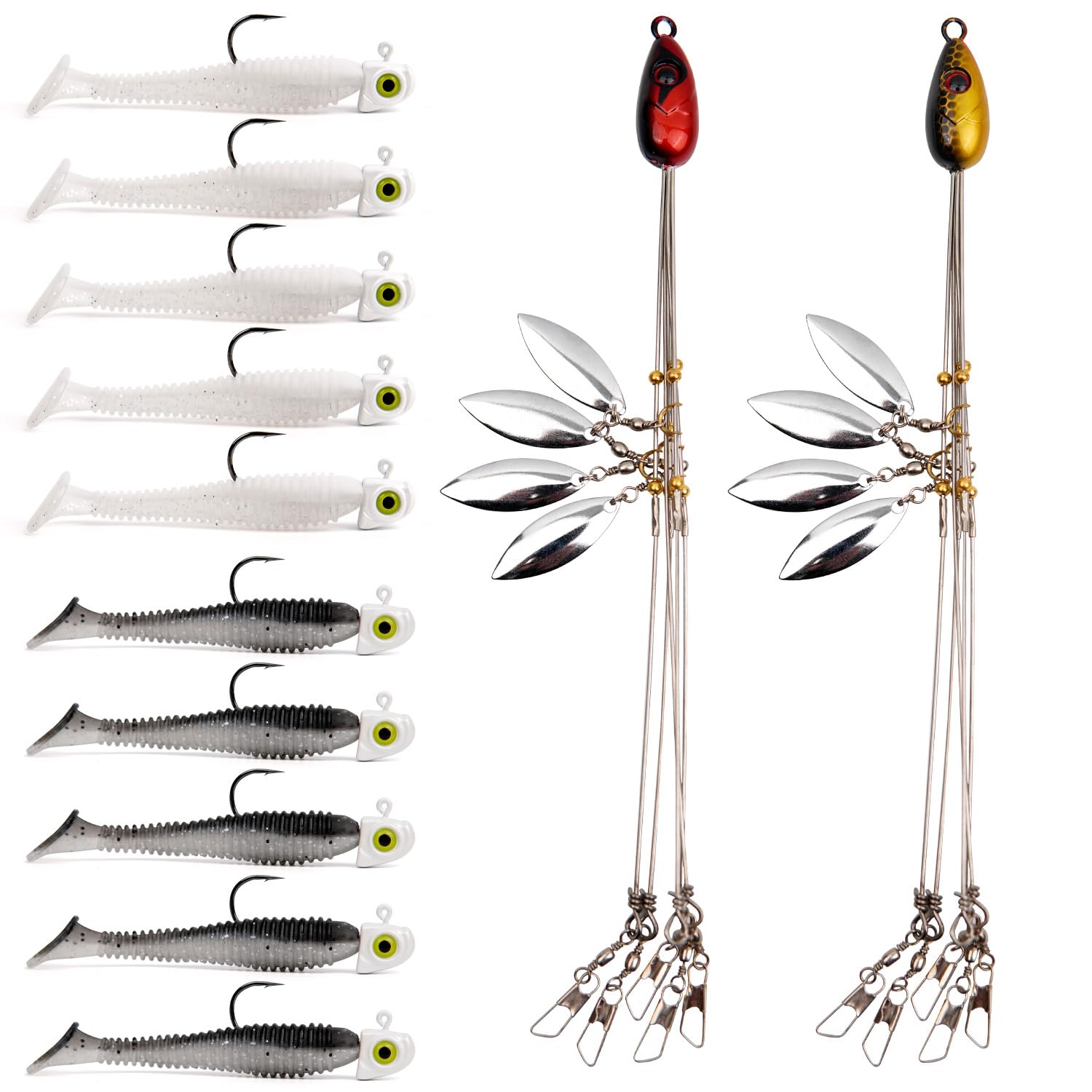 Alabama Rig (A-Rig) Fishing Lures Kit – 2 Rigs, 10 Jig Heads & Swimbaits, Tackle Box for Striper/Bass Fishing