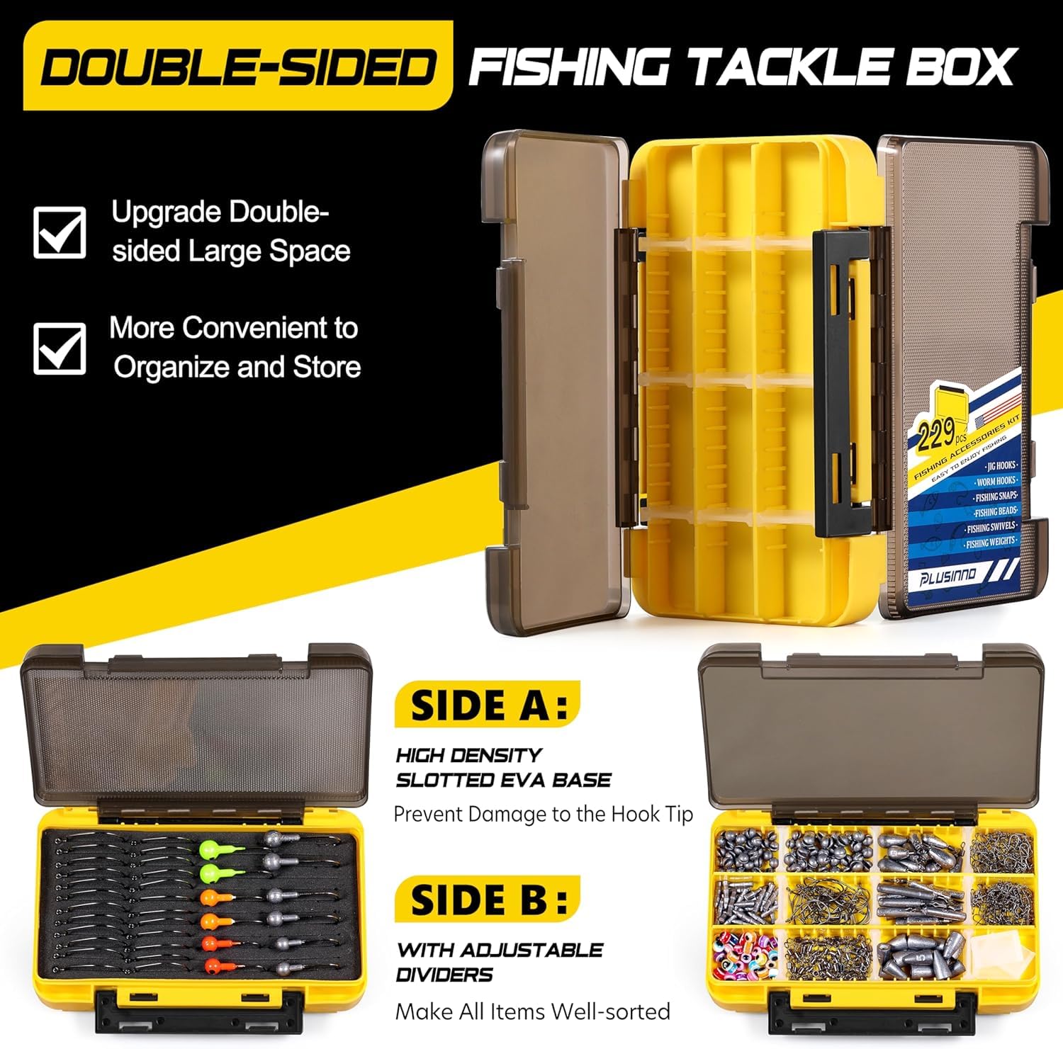 PLUSINNO 253/387pcs Fishing Gear Accessories Kit, Fishing Tackle Box with Tackle Included, Fishing Hooks, Fishing Weights Sinkers, Spinner Blade, Fishing Equipment for Bass Trout Bluegill Crappie