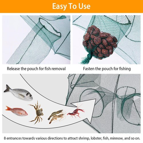 TeqHome Fishing Trap Net, Large Foldable 8-Sided 8-Hole Bait Net Trap, Automatic Collapsing Fishing Net with Zipper & Portable Design, for Shrimp, Crab, Minnow, Crayfish, Lobster - 38 x 38 x 16 Inch