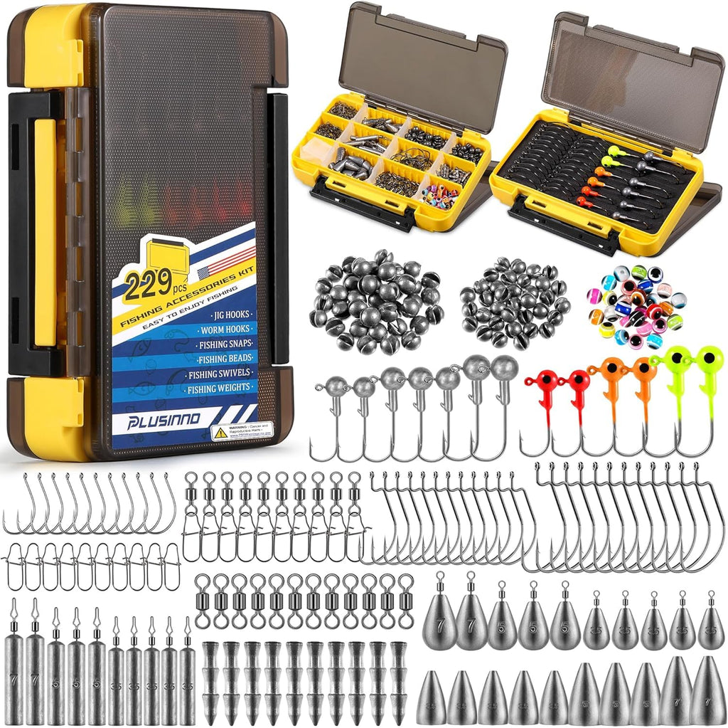 PLUSINNO 253/387pcs Fishing Gear Accessories Kit, Fishing Tackle Box with Tackle Included, Fishing Hooks, Fishing Weights Sinkers, Spinner Blade, Fishing Equipment for Bass Trout Bluegill Crappie