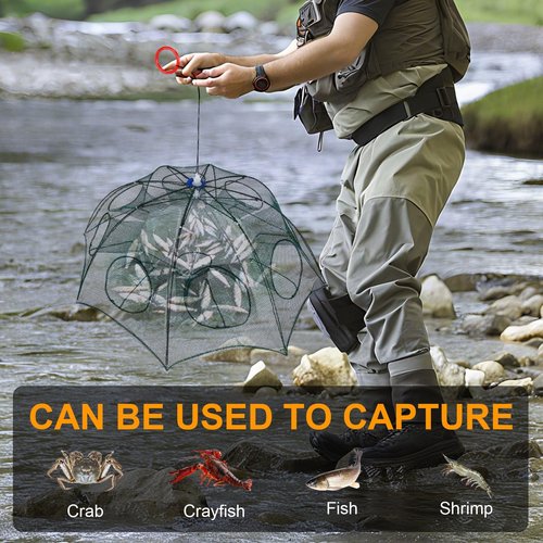 TeqHome Fishing Trap Net, Large Foldable 8-Sided 8-Hole Bait Net Trap, Automatic Collapsing Fishing Net with Zipper & Portable Design, for Shrimp, Crab, Minnow, Crayfish, Lobster - 38 x 38 x 16 Inch