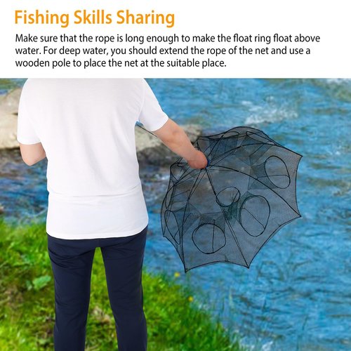 TeqHome Fishing Trap Net, Large Foldable 8-Sided 8-Hole Bait Net Trap, Automatic Collapsing Fishing Net with Zipper & Portable Design, for Shrimp, Crab, Minnow, Crayfish, Lobster - 38 x 38 x 16 Inch