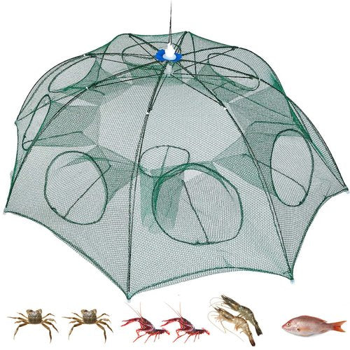 TeqHome Fishing Trap Net, Large Foldable 8-Sided 8-Hole Bait Net Trap, Automatic Collapsing Fishing Net with Zipper & Portable Design, for Shrimp, Crab, Minnow, Crayfish, Lobster - 38 x 38 x 16 Inch