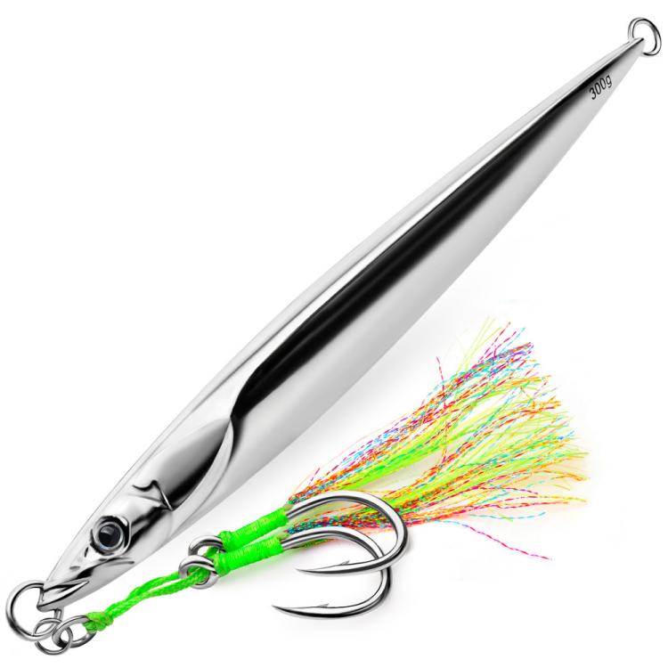 PROBEROS LF169  Vertical Jigging Lure with Double Assist Hooks Saltwater Metal Jig with Feathers Shining Mackerel Sinking Bait, 180g, 200g, 230g, 250g, 300g