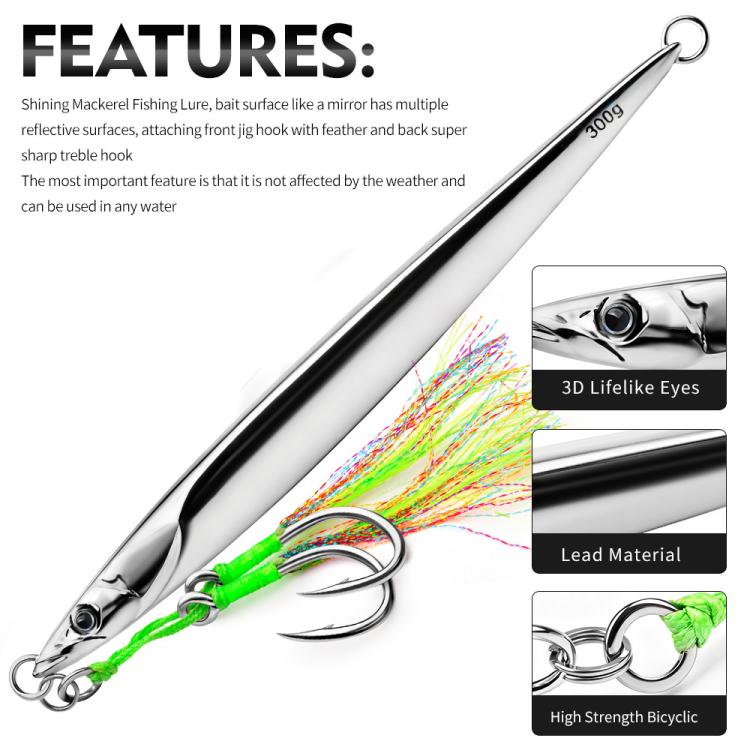 PROBEROS LF169  Vertical Jigging Lure with Double Assist Hooks Saltwater Metal Jig with Feathers Shining Mackerel Sinking Bait, 180g, 200g, 230g, 250g, 300g