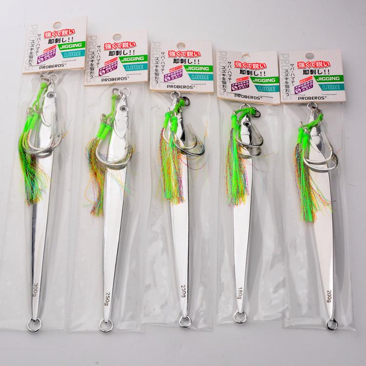 PROBEROS LF169  Vertical Jigging Lure with Double Assist Hooks Saltwater Metal Jig with Feathers Shining Mackerel Sinking Bait, 180g, 200g, 230g, 250g, 300g