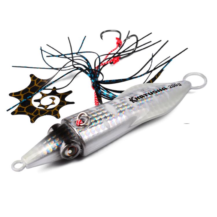 PROBEROS Luminous Squid Jigging Lures Vertical Saltwater Jigs with Silicone Skirt Laser Coating Metal Sinking Fishing Lures, 40G, 60G, 80G, 100G, 120G, 150G, 200G