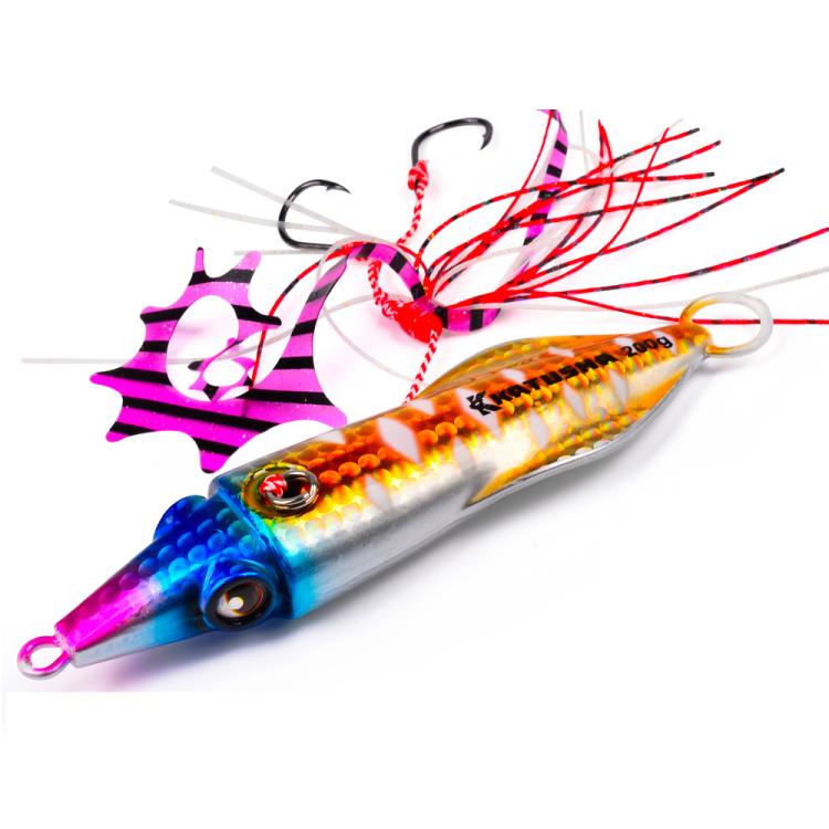 PROBEROS Luminous Squid Jigging Lures Vertical Saltwater Jigs with Silicone Skirt Laser Coating Metal Sinking Fishing Lures, 40G, 60G, 80G, 100G, 120G, 150G, 200G