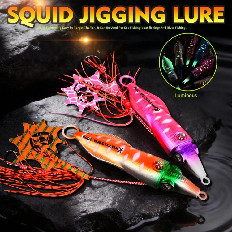 PROBEROS Luminous Squid Jigging Lures Vertical Saltwater Jigs with Silicone Skirt Laser Coating Metal Sinking Fishing Lures, 40G, 60G, 80G, 100G, 120G, 150G, 200G