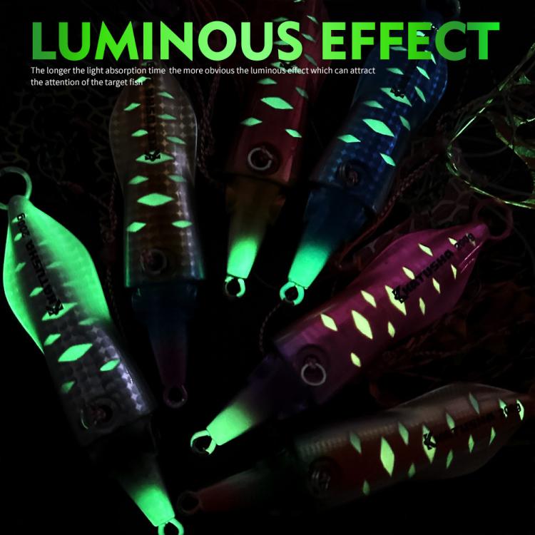 PROBEROS Luminous Squid Jigging Lures Vertical Saltwater Jigs with Silicone Skirt Laser Coating Metal Sinking Fishing Lures, 40G, 60G, 80G, 100G, 120G, 150G, 200G