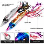 PROBEROS Luminous Squid Jigging Lures Vertical Saltwater Jigs with Silicone Skirt Laser Coating Metal Sinking Fishing Lures, 40G, 60G, 80G, 100G, 120G, 150G, 200G