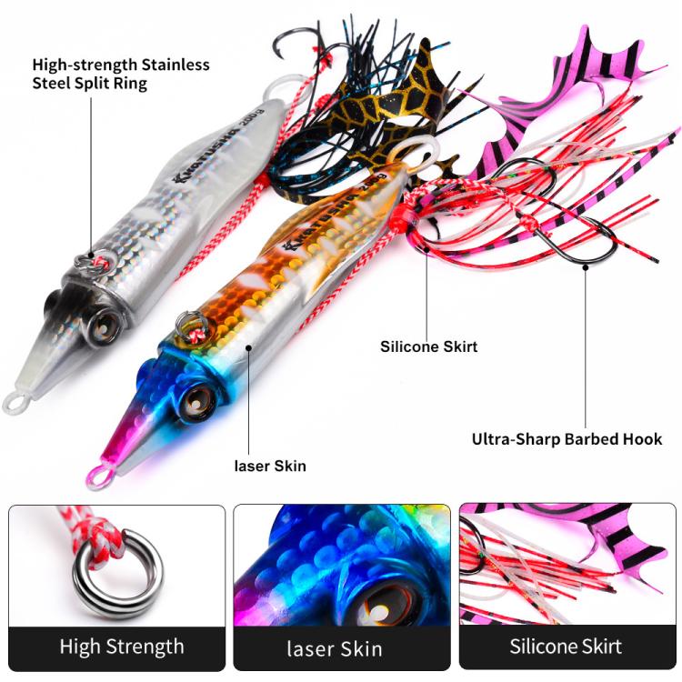 PROBEROS Luminous Squid Jigging Lures Vertical Saltwater Jigs with Silicone Skirt Laser Coating Metal Sinking Fishing Lures, 40G, 60G, 80G, 100G, 120G, 150G, 200G