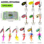 SOMYTE 12pcs /Box Spinnerbait Fishing Lures Set 360-degree Rotating Reflective Sequins lures with Feather & Treble Hooks