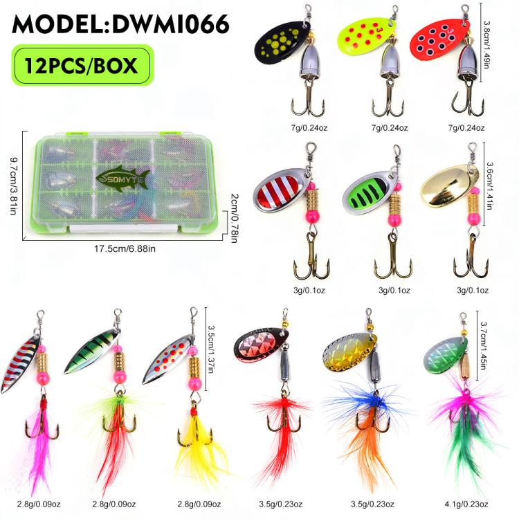 SOMYTE 12pcs /Box Spinnerbait Fishing Lures Set 360-degree Rotating Reflective Sequins lures with Feather & Treble Hooks