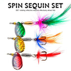 SOMYTE 12pcs /Box Spinnerbait Fishing Lures Set 360-degree Rotating Reflective Sequins lures with Feather & Treble Hooks