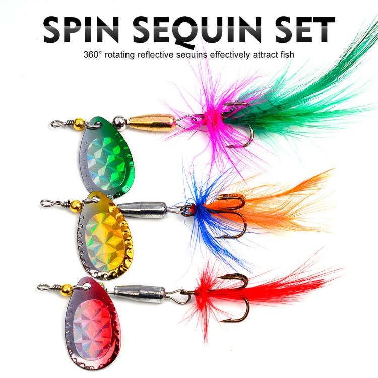 SOMYTE 12pcs /Box Spinnerbait Fishing Lures Set 360-degree Rotating Reflective Sequins lures with Feather & Treble Hooks