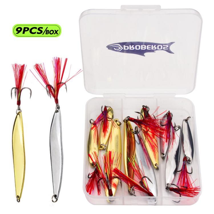 PROBEROS 9pcs /Box Fishing Spoons Lure Set Metal Willow Leaf Spinner Baits with Blood Groove Treble Hooks