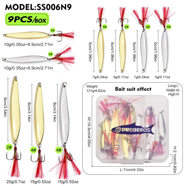 PROBEROS 9pcs /Box Fishing Spoons Lure Set Metal Willow Leaf Spinner Baits with Blood Groove Treble Hooks