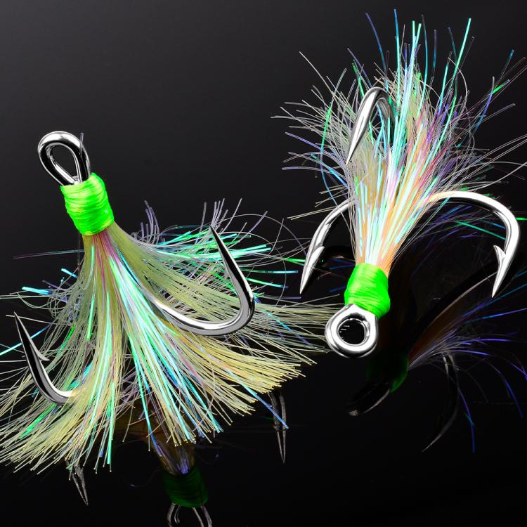 PROBEROS 10pcs /Box Dressed Treble Hooks with Feathers and Flash Ultra-Sharp High Carbon Steel Replacement Hooks, No.4, No. 2, No. 1, No. 1/0, No. 2/0, No. 3/0, No. 4/0, No. 5/0