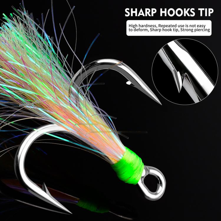 PROBEROS 10pcs /Box Dressed Treble Hooks with Feathers and Flash Ultra-Sharp High Carbon Steel Replacement Hooks, No.4, No. 2, No. 1, No. 1/0, No. 2/0, No. 3/0, No. 4/0, No. 5/0
