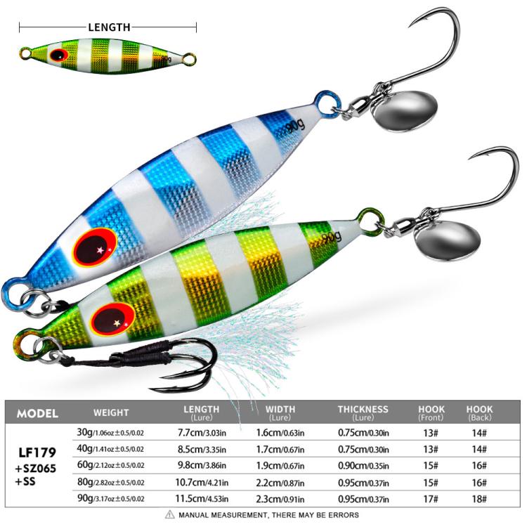 PROBEROS LF179 Metal Jigging Lures with Spinner Blade Glow in the Dark Saltwater Fishing Jigs, 30g, 40g, 60g, 80g, 90g