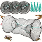 Collapsible Fishing Trap Net 4 Pack - Crab Crawfish Minnow Lobster Shrimp Bait Cage with 49ft Rope, 12x24 Inch Foldable Fish Trap, Durable PA Nylon, Portable Freshwater Saltwater Fishing Gear